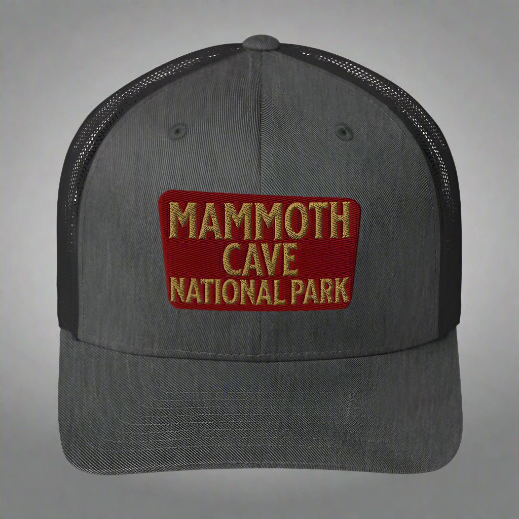 Mammoth Cave National Park embroidered trucker hat shown from alternate product angle