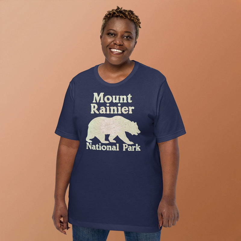 Mount Rainier Bear national park topo t-shirt shown in lifestyle or modeled setting