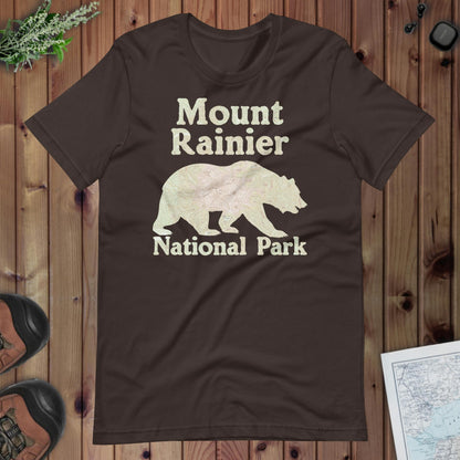 Mount Rainier Bear national park topo t-shirt shown in lifestyle or modeled setting