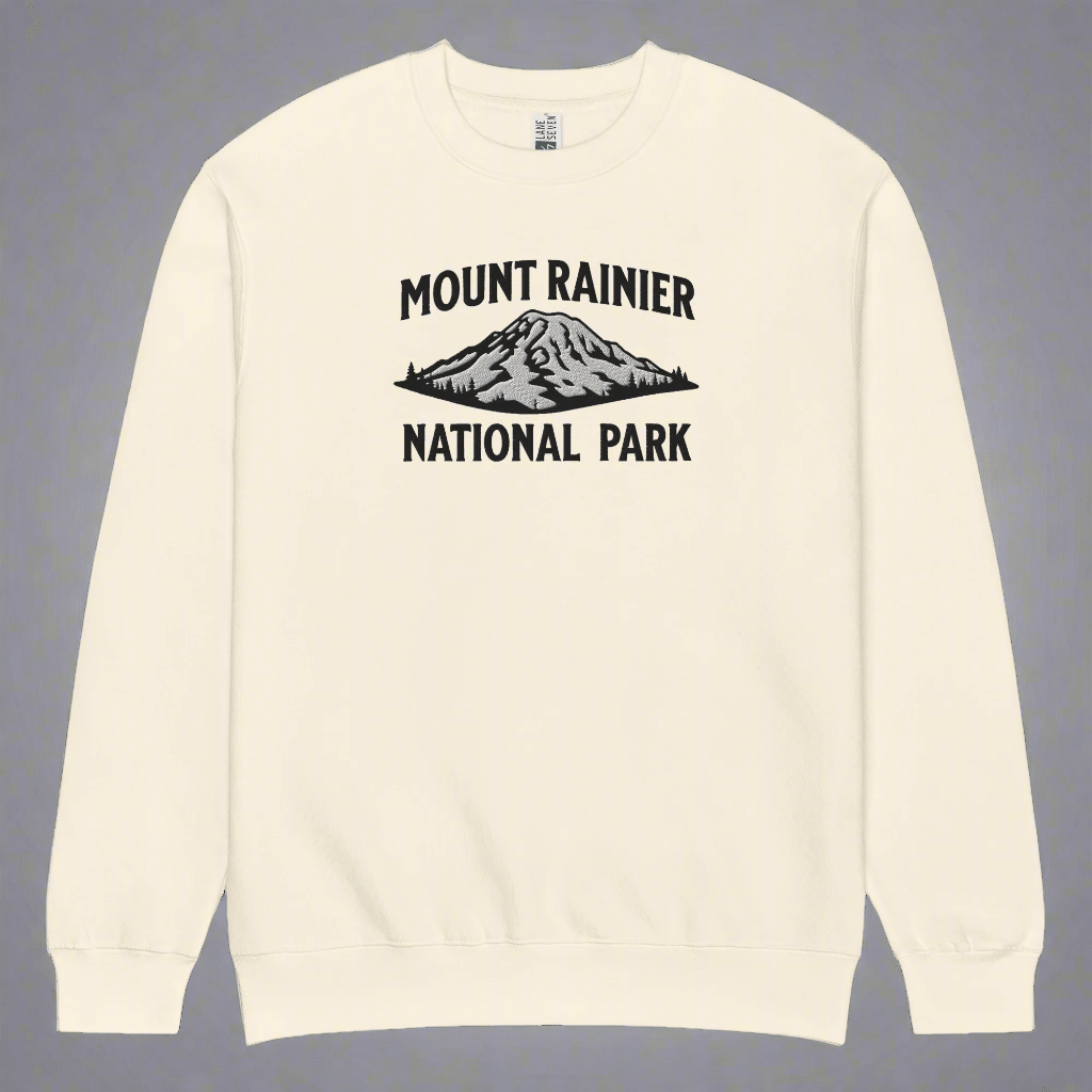 Mount Rainier embroidered mountain crewneck sweatshirt shown in lifestyle or modeled setting