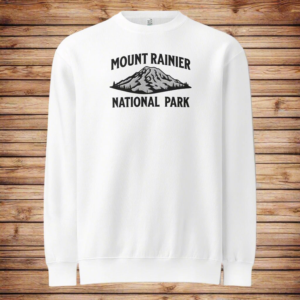Mount Rainier embroidered mountain crewneck sweatshirt shown in lifestyle or modeled setting