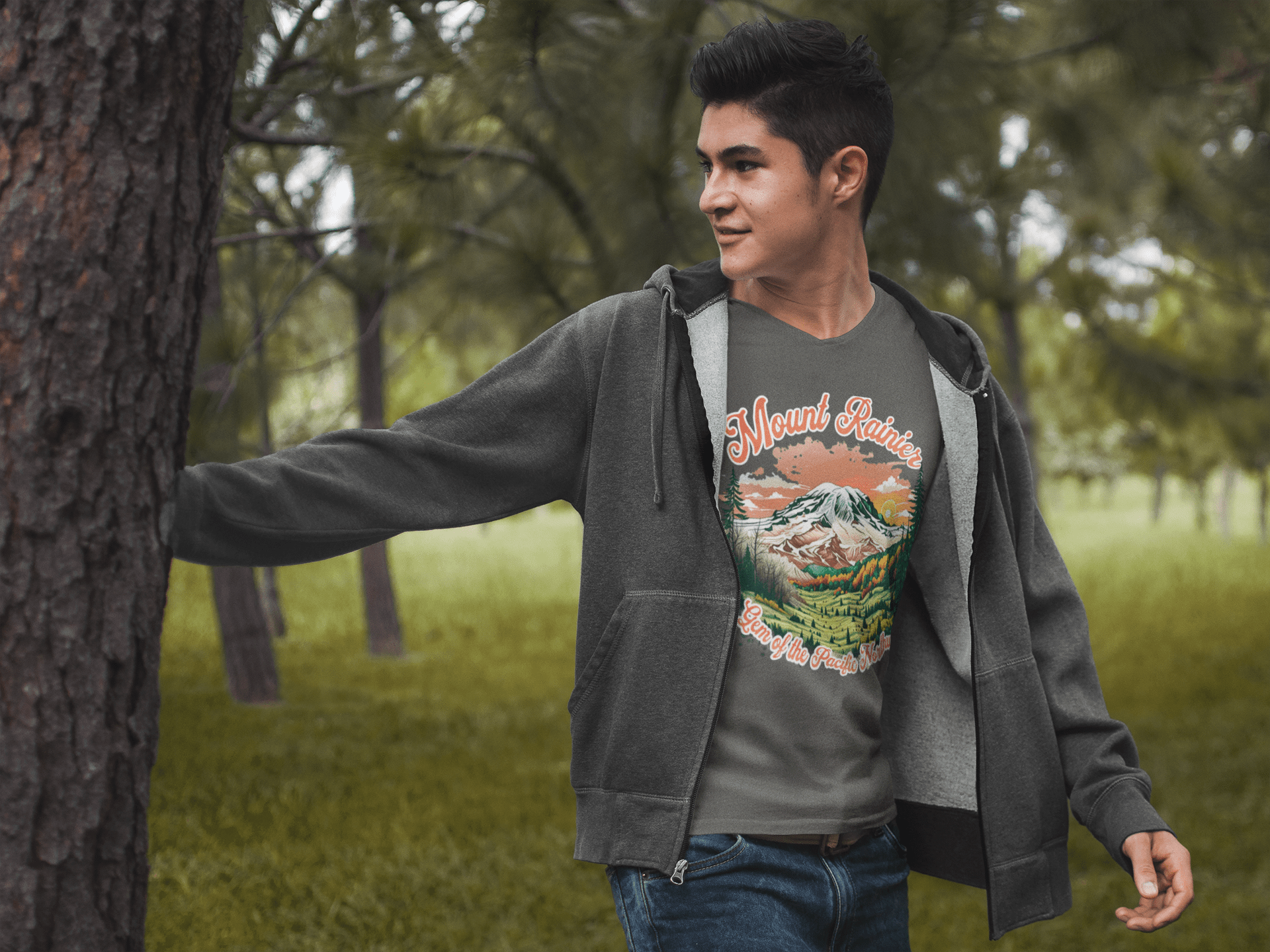Mount Rainier Gem of the Pacific Northwest graphic t-shirt shown from alternate product angle