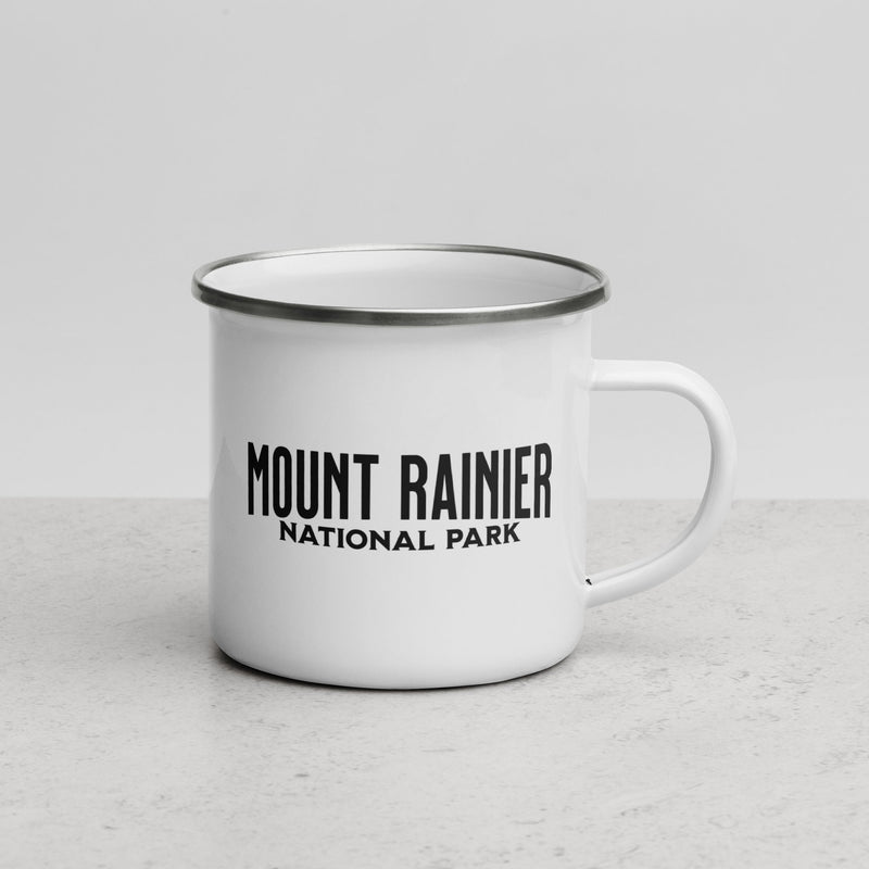 Mount Rainier National Park durable enamel camp mug shown from alternate product angle