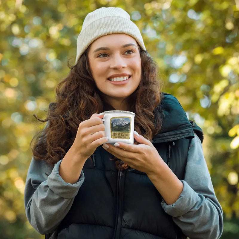 Mount Rainier National Park durable enamel camp mug shown from alternate product angle