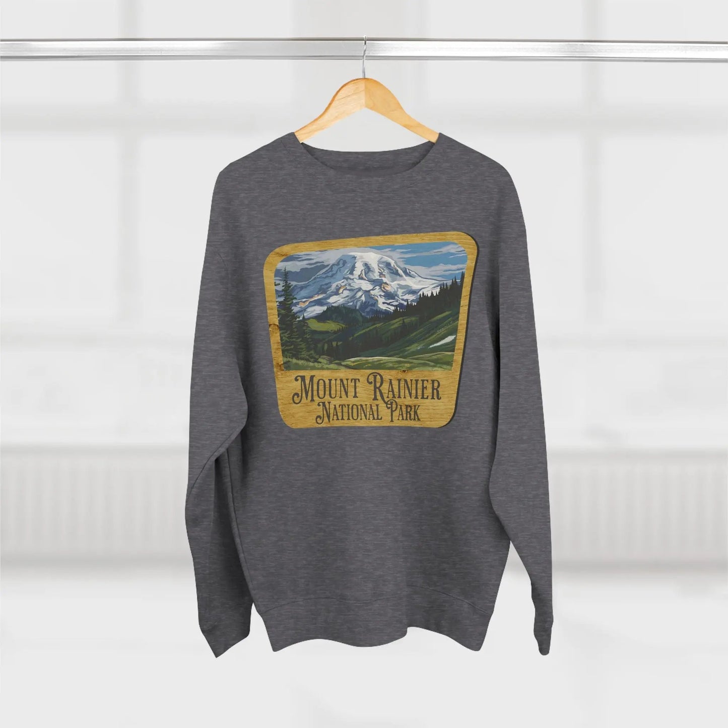 Mount Rainier National Park crewneck sweatshirt shown in lifestyle or modeled setting