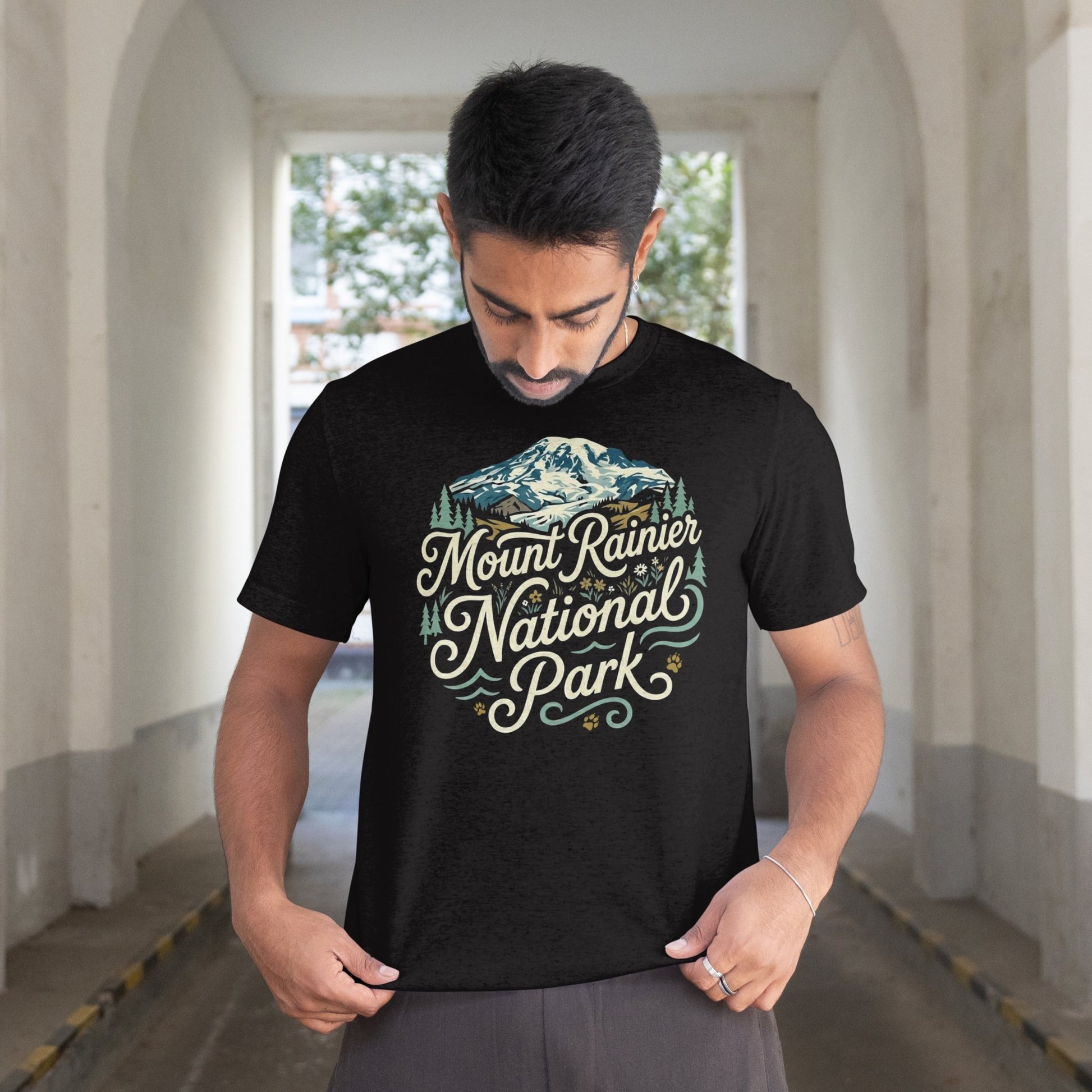 Mount Rainier National Park curved graphic t-shirt shown in lifestyle or modeled setting