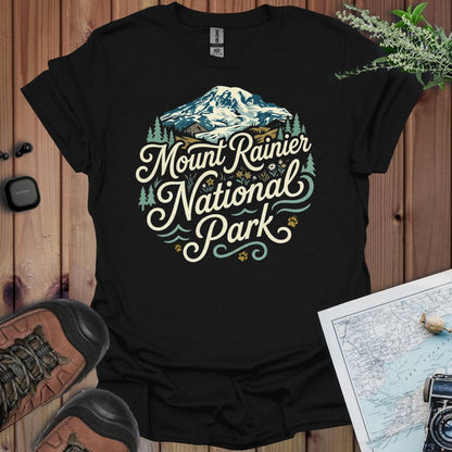 Mount Rainier National Park curved graphic t-shirt shown in lifestyle or modeled setting