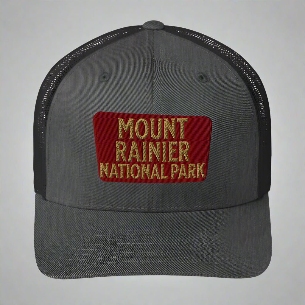 Mount Rainier National Park embroidered trucker hat shown in lifestyle or modeled setting