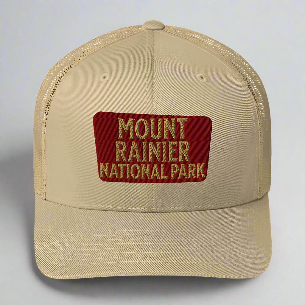 Mount Rainier National Park embroidered trucker hat shown from alternate product angle
