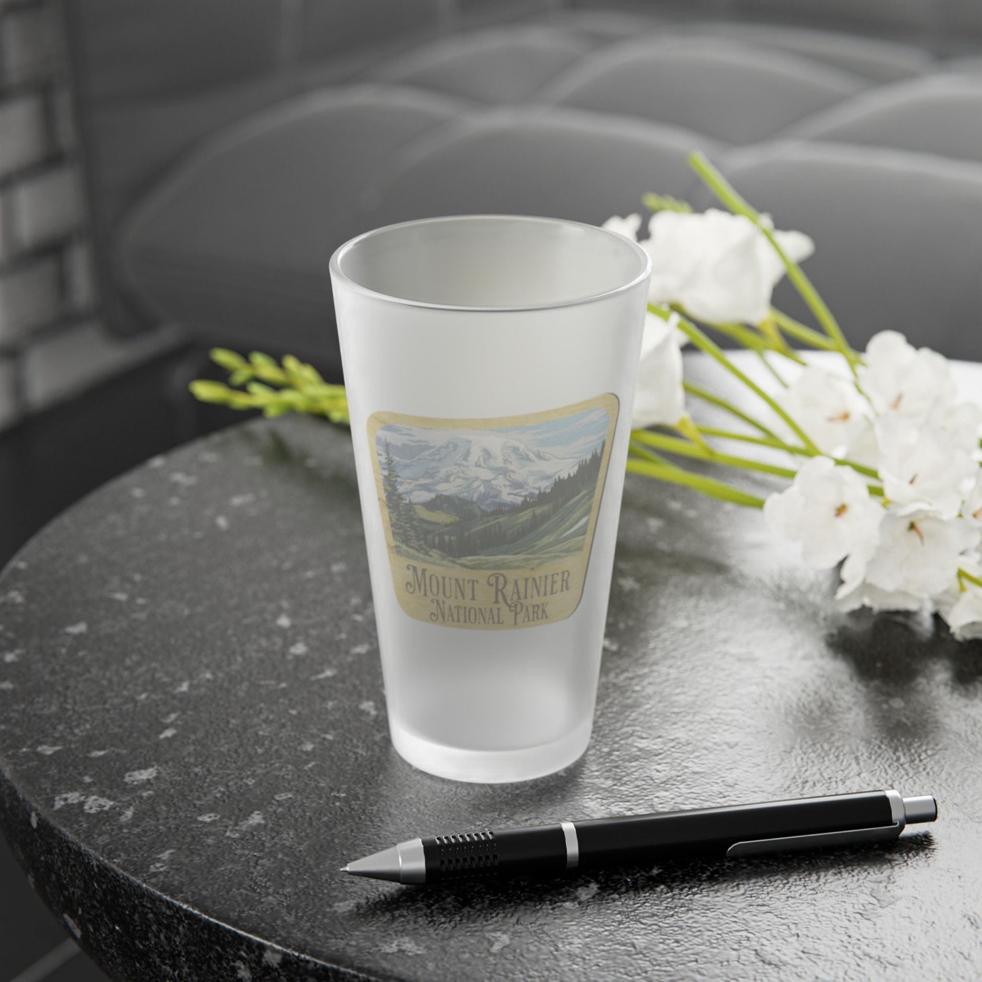 Mount Rainier National Park wood sign frosted pint glass shown from alternate product angle