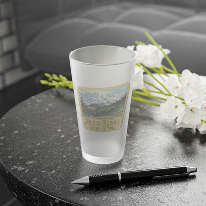 Mount Rainier National Park wood sign frosted pint glass shown from alternate product angle