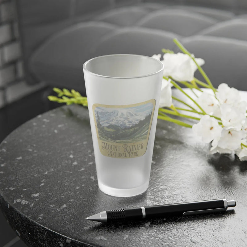 Mount Rainier National Park wood sign frosted pint glass shown from alternate product angle