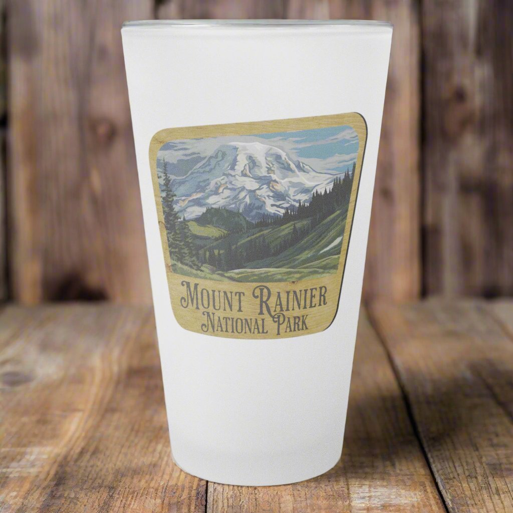 Mount Rainier National Park wood sign frosted pint glass shown as primary product image