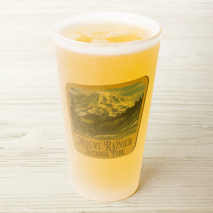 Mount Rainier National Park wood sign frosted pint glass shown from alternate product angle