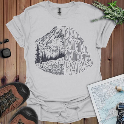 Mount Rainier National Park half graphic t-shirt shown in lifestyle or modeled setting