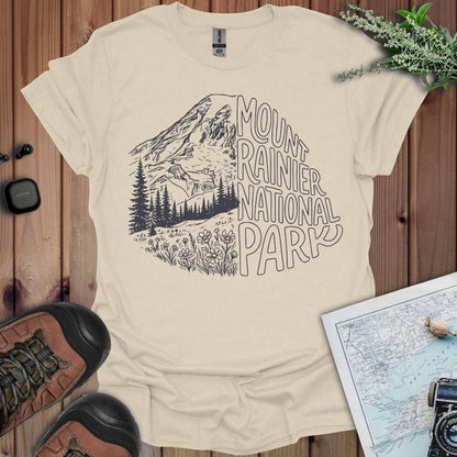 Mount Rainier National Park half graphic t-shirt shown in lifestyle or modeled setting