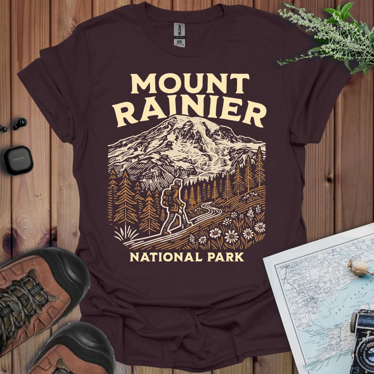 Mount Rainier National Park hiker graphic t-shirt primary product view