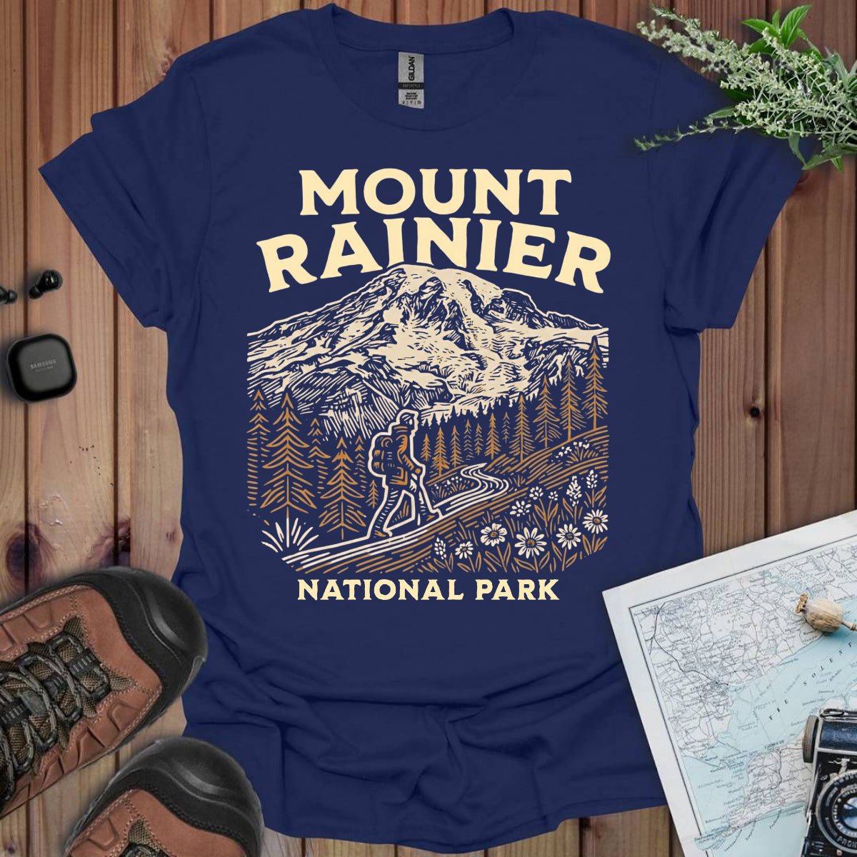 Mount Rainier National Park hiker graphic t-shirt shown in lifestyle or modeled setting