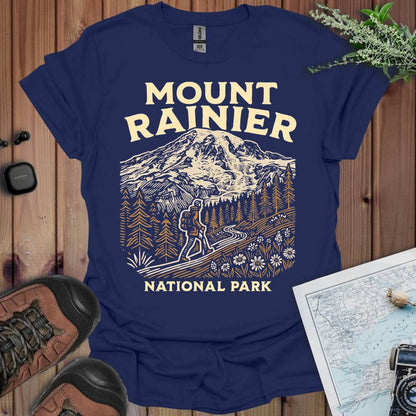 Mount Rainier National Park hiker graphic t-shirt shown in lifestyle or modeled setting