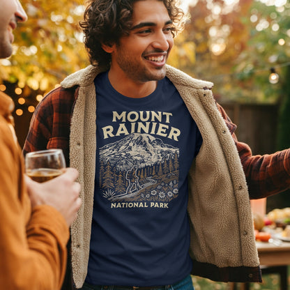 Mount Rainier National Park hiker graphic t-shirt shown in lifestyle or modeled setting