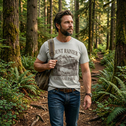 Mount Rainier National Park rustic graphic t-shirt shown in lifestyle or modeled setting