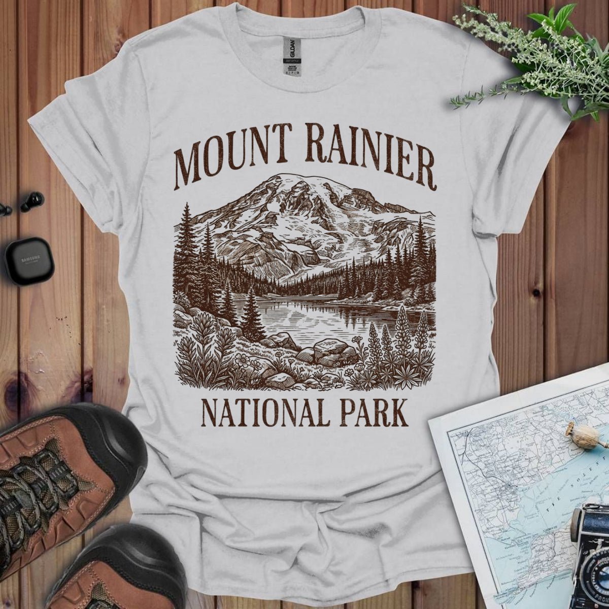 Mount Rainier National Park rustic graphic t-shirt shown in lifestyle or modeled setting