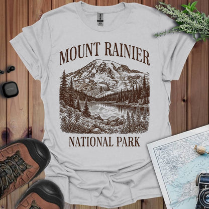 Mount Rainier National Park rustic graphic t-shirt shown in lifestyle or modeled setting