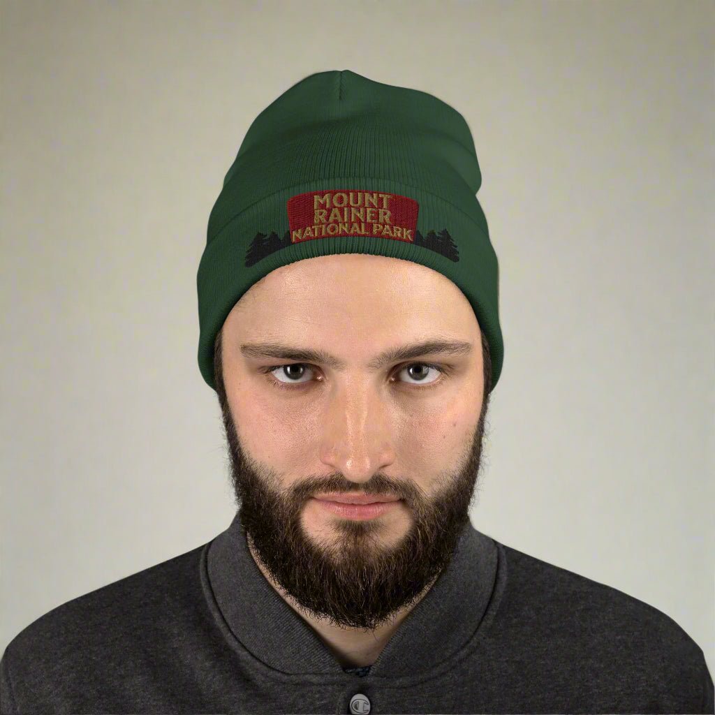 Mount Rainier National Park sign embroidered beanie shown in lifestyle or modeled setting