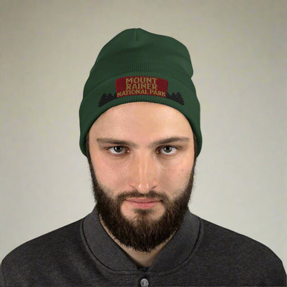 Mount Rainier National Park sign embroidered beanie shown in lifestyle or modeled setting