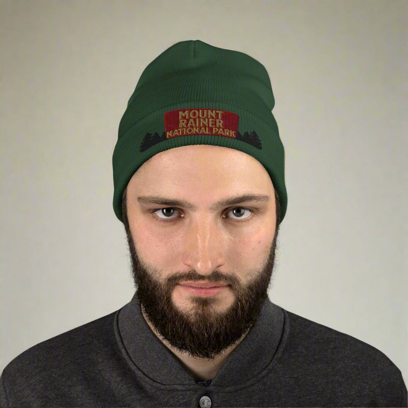 Mount Rainier National Park sign embroidered beanie shown in lifestyle or modeled setting