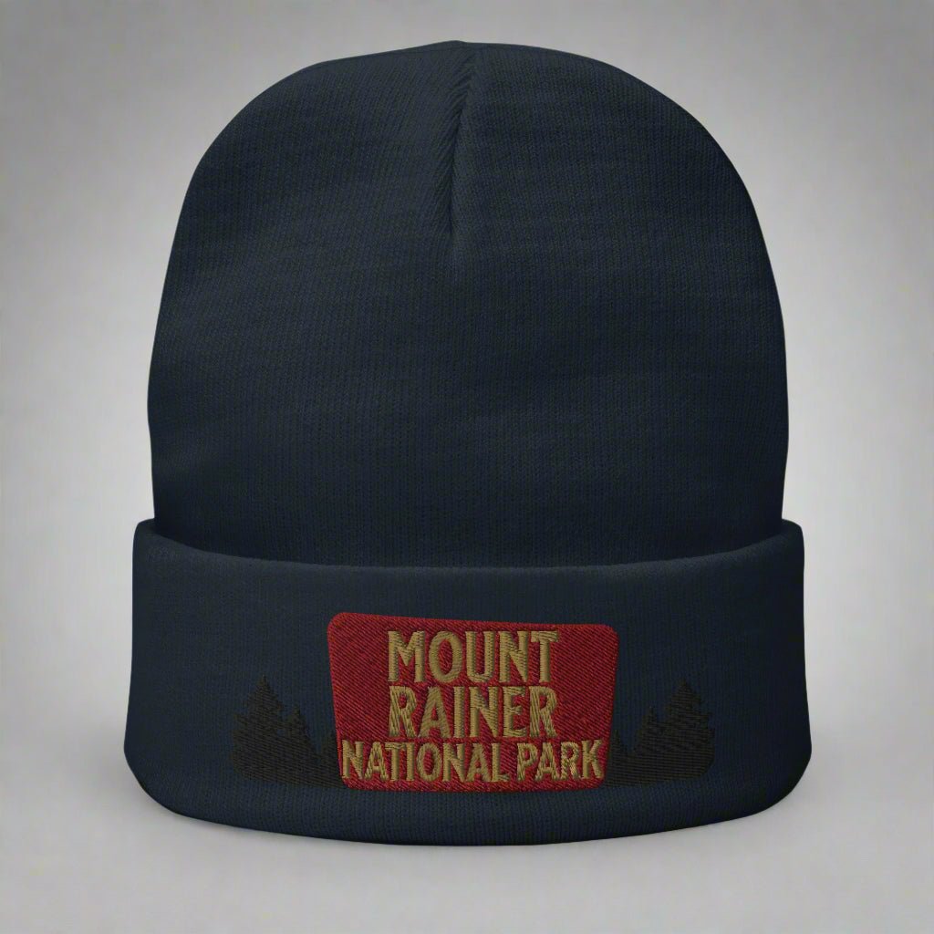 Mount Rainier National Park sign embroidered beanie shown in lifestyle or modeled setting