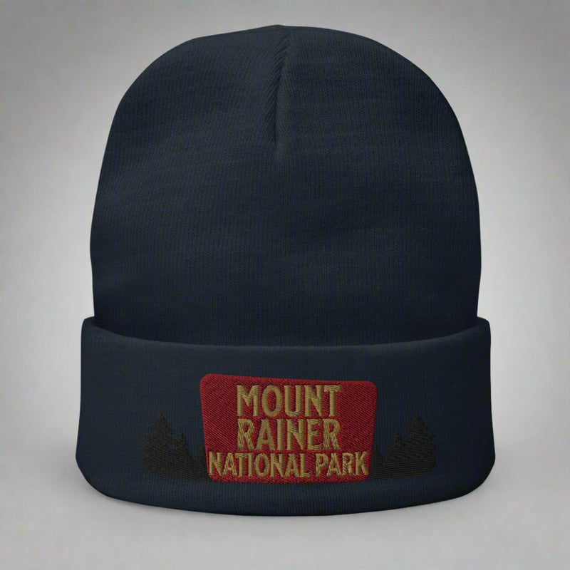 Mount Rainier National Park sign embroidered beanie shown in lifestyle or modeled setting