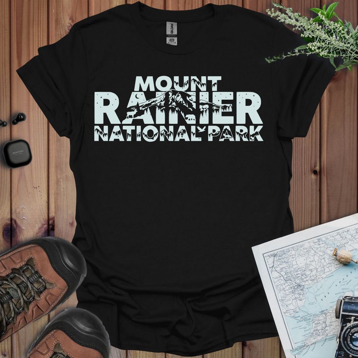 Mount Rainier National Park silhouette graphic t-shirt shown in lifestyle or modeled setting