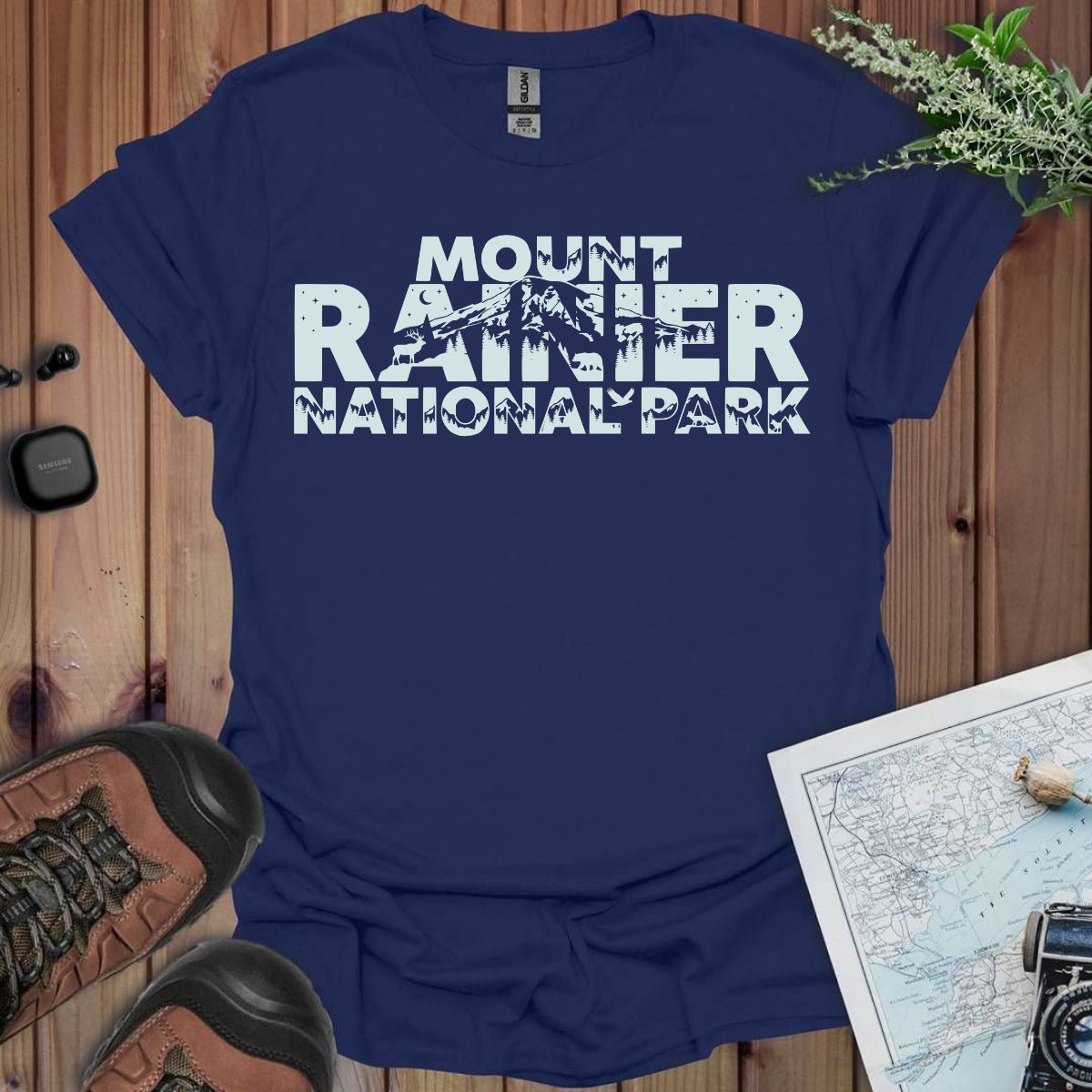 Mount Rainier National Park silhouette graphic t-shirt shown in lifestyle or modeled setting