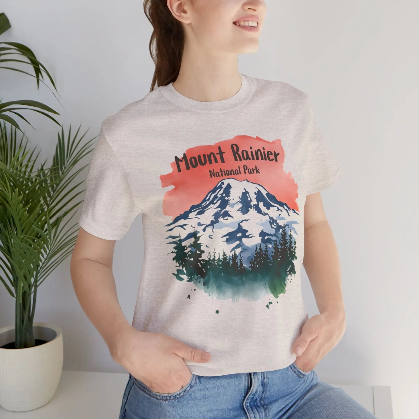 Mount Rainier National Park watercolor graphic t-shirt shown in alternate apparel color