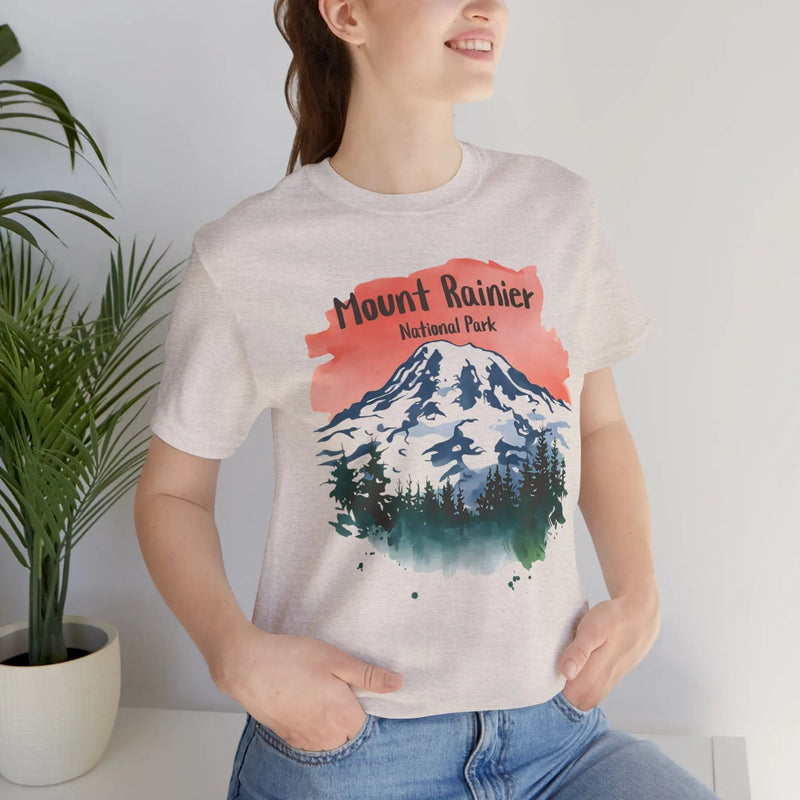 Mount Rainier National Park watercolor graphic t-shirt shown in alternate apparel color