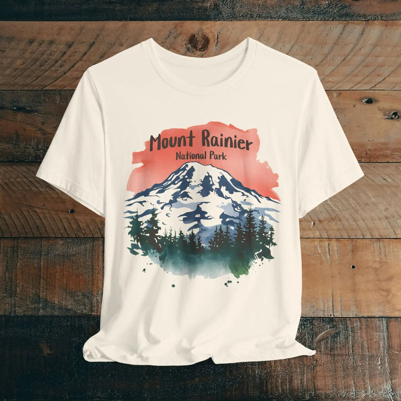 Mount Rainier National Park watercolor graphic t-shirt shown in lifestyle or modeled setting