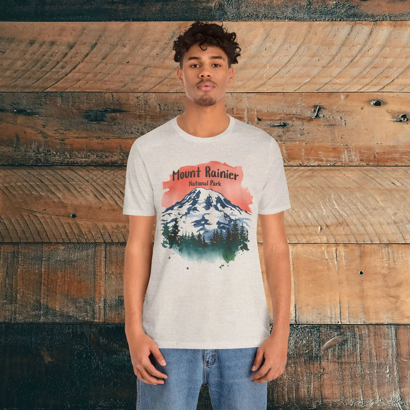 Mount Rainier National Park watercolor graphic t-shirt shown in alternate apparel color