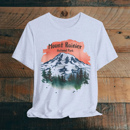 Mount Rainier National Park watercolor graphic t-shirt shown in lifestyle or modeled setting