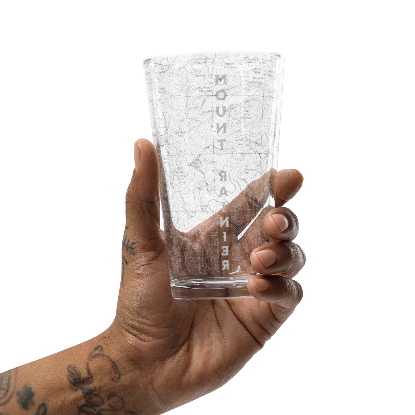 Mount Rainier National Park topographic pint glass showing design detail or product variation