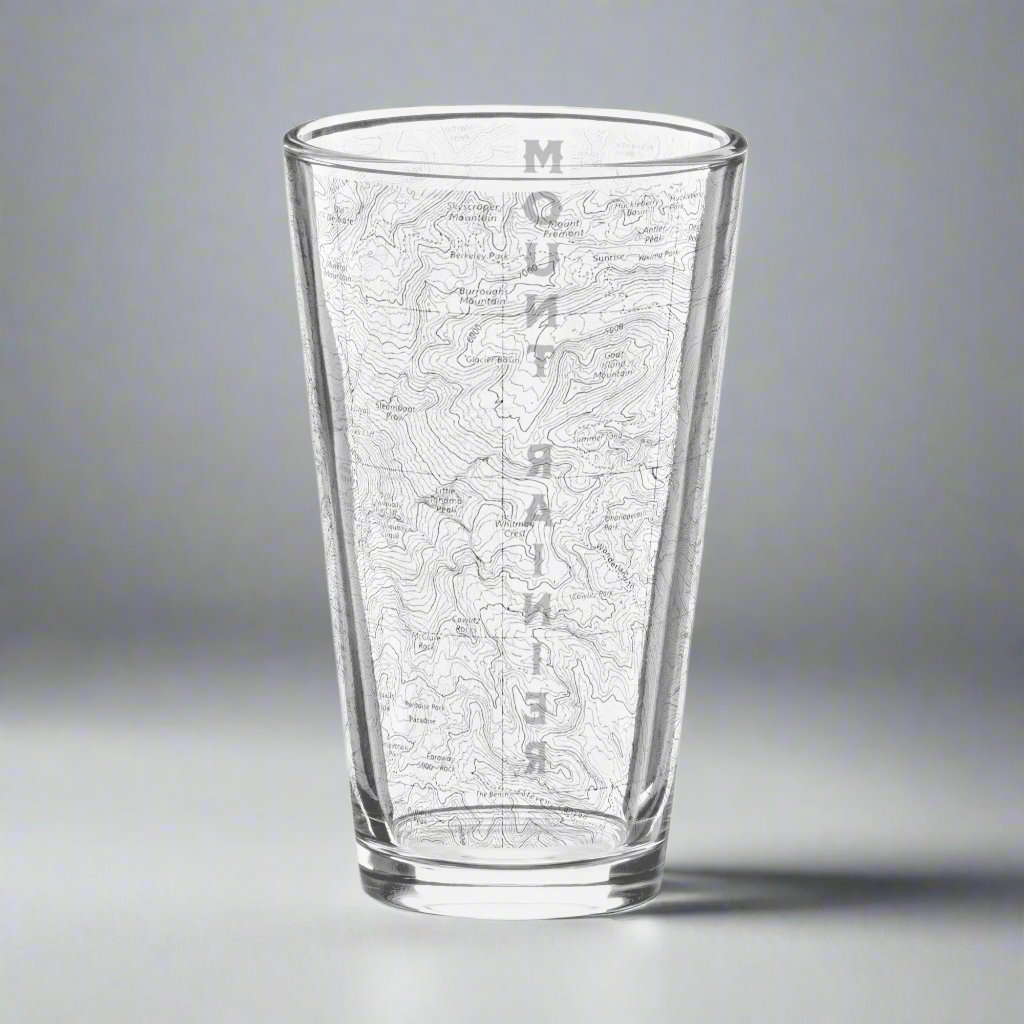 Mount Rainier National Park topographic pint glass shown from alternate product angle