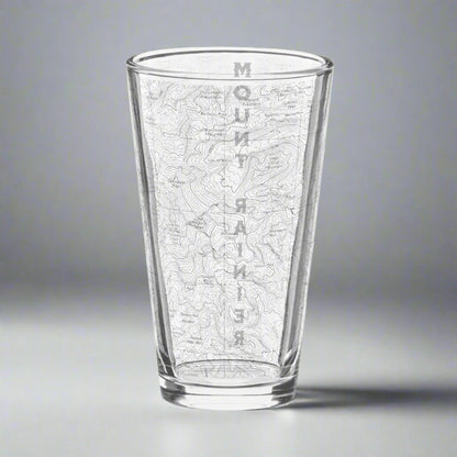 Mount Rainier National Park topographic pint glass shown from alternate product angle