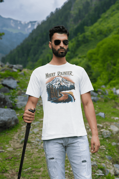 Mount Rainier Washington graphic t-shirt shown in alternate apparel color