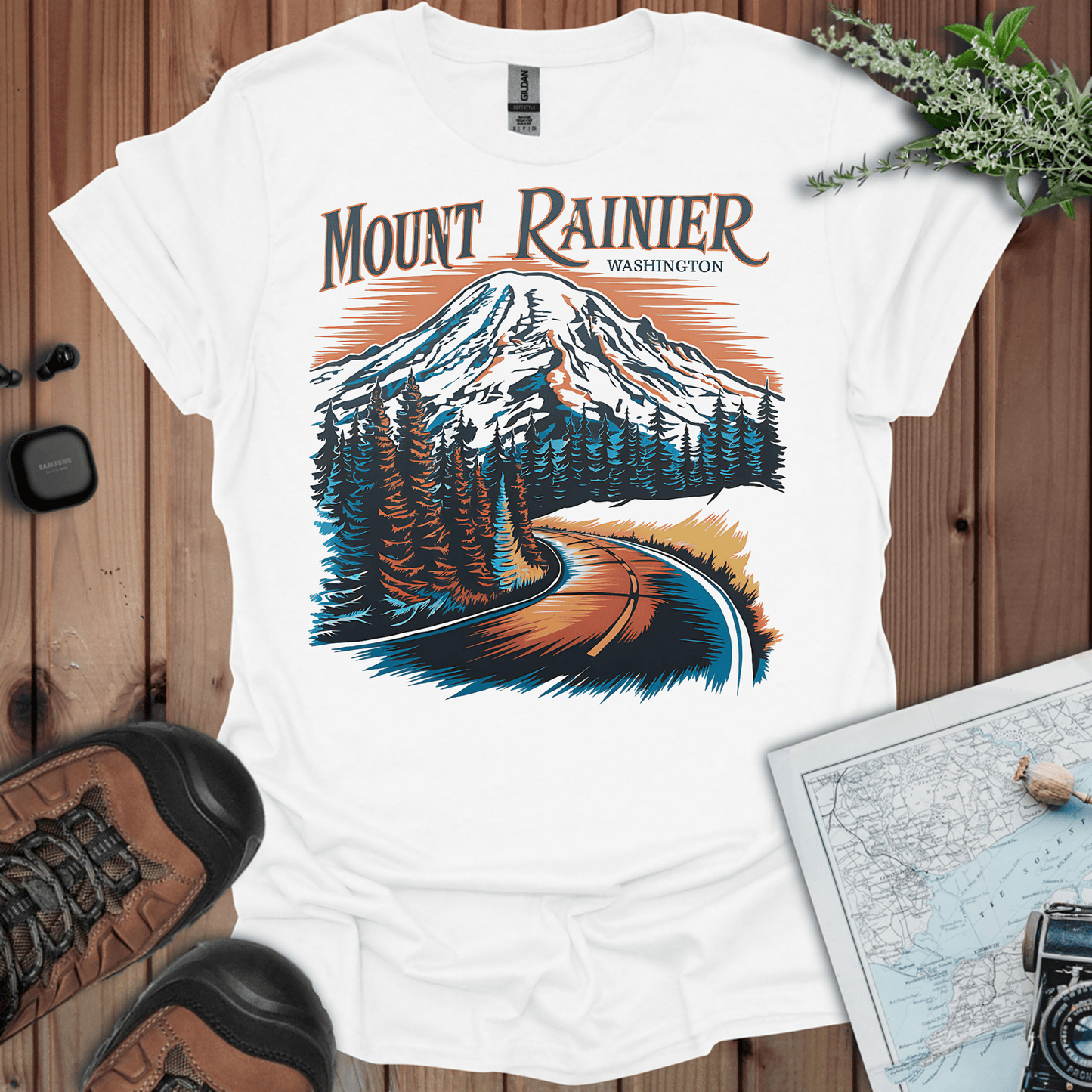 Mount Rainier Washington graphic t-shirt shown in lifestyle or modeled setting