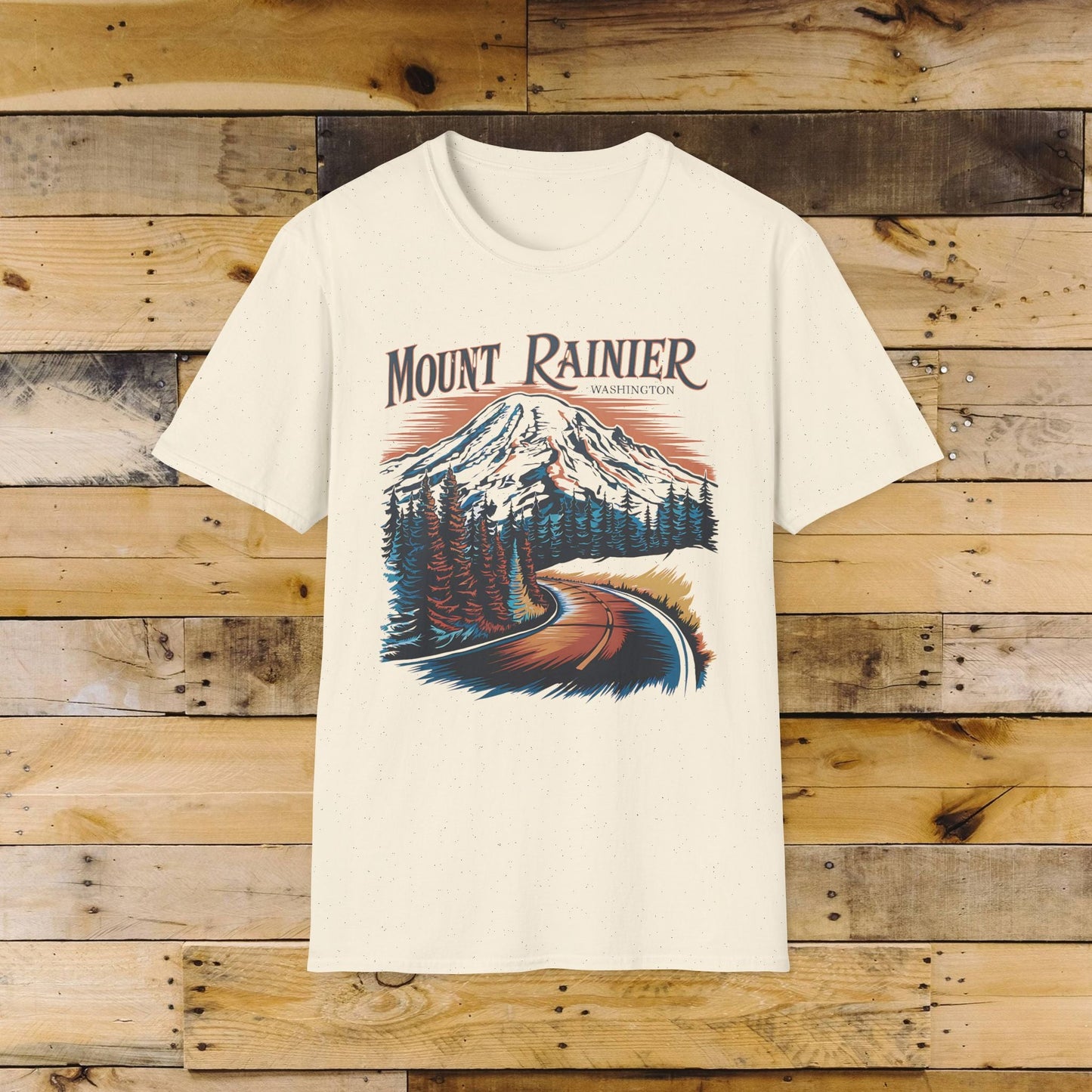 Mount Rainier Washington graphic t-shirt shown in alternate apparel color