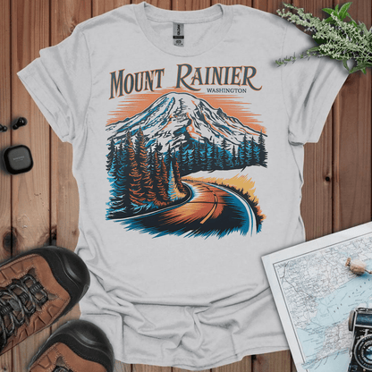Mount Rainier Washington graphic t-shirt shown in lifestyle or modeled setting