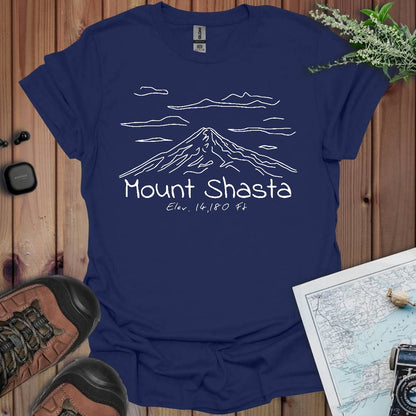 Mount Shasta line art graphic t-shirt shown in lifestyle or modeled setting