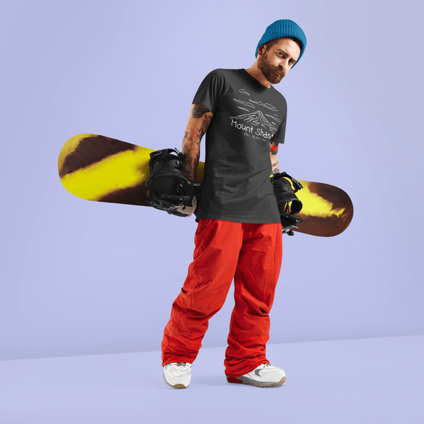 Mount Shasta line art graphic t-shirt shown in lifestyle or modeled setting