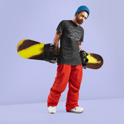 Mount Shasta line art graphic t-shirt shown in lifestyle or modeled setting