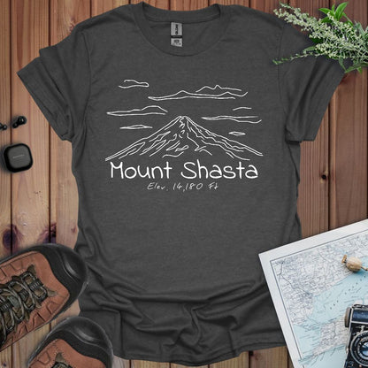 Mount Shasta line art graphic t-shirt shown from alternate product angle